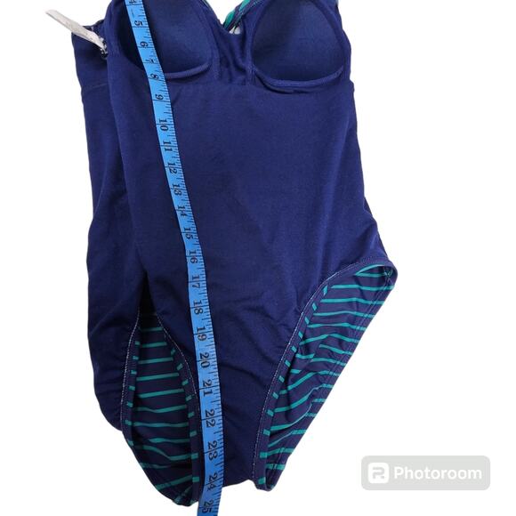 Penbrooke Women’s One Piece Halter Surplice Navy & Teal Striped Swimsuit Size M - Picture 12 of 14